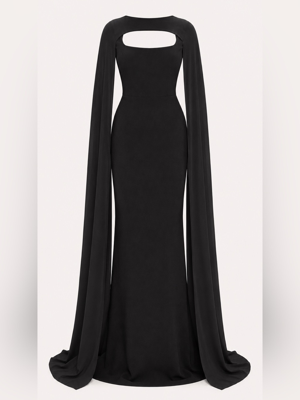 Fashion Nova Black Long-Sleeve Cutout Gown with Dramatic Cape Sleeves
